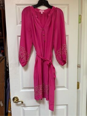 Lilly Pulitzer Hot Pink Embellished Long Sleeve Belted Dress